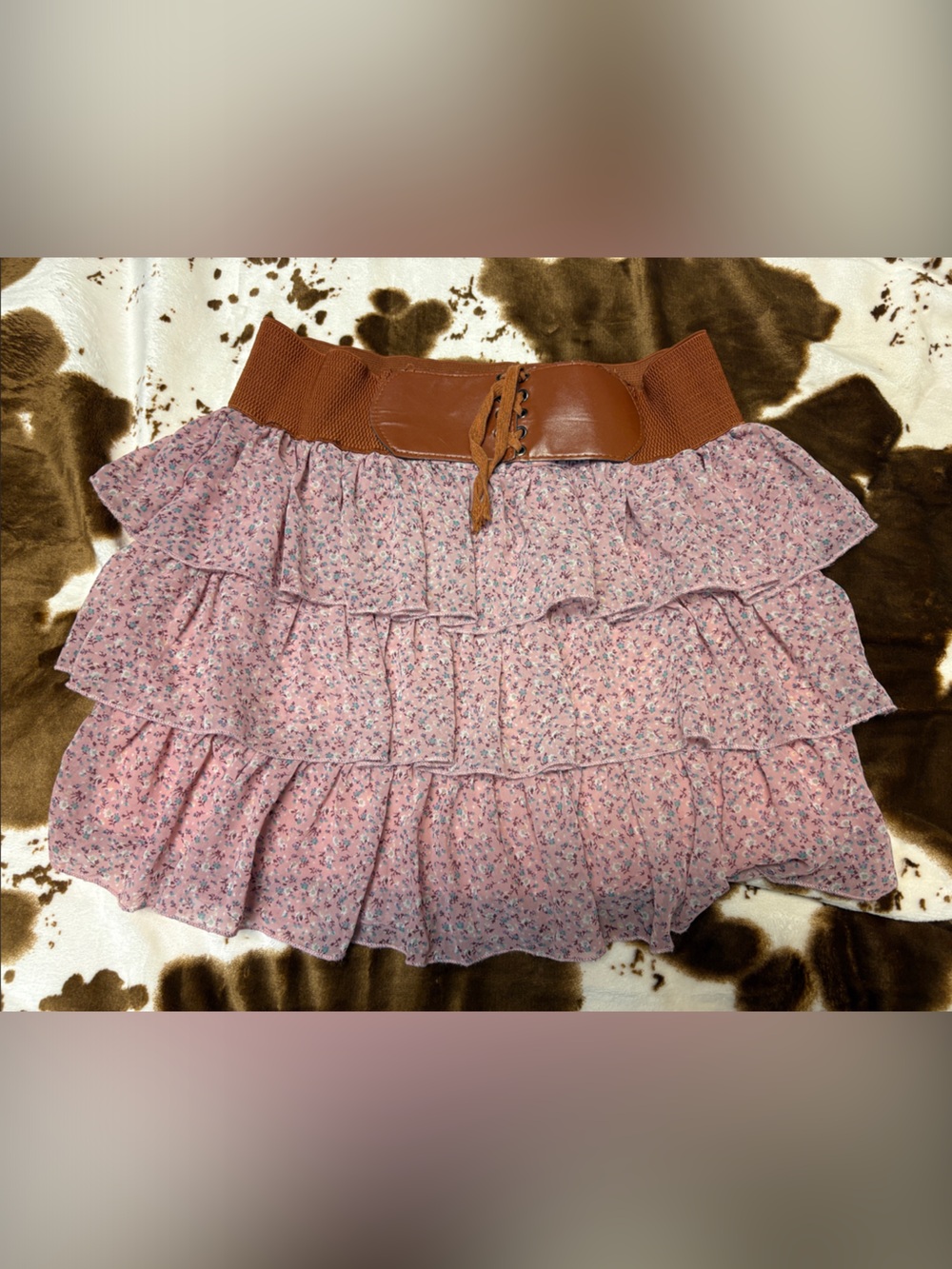 Deb Pink Floral Tiered Ruffle Mini Skirt with Brown Lace-Up Waistband - Picture 2 of 9